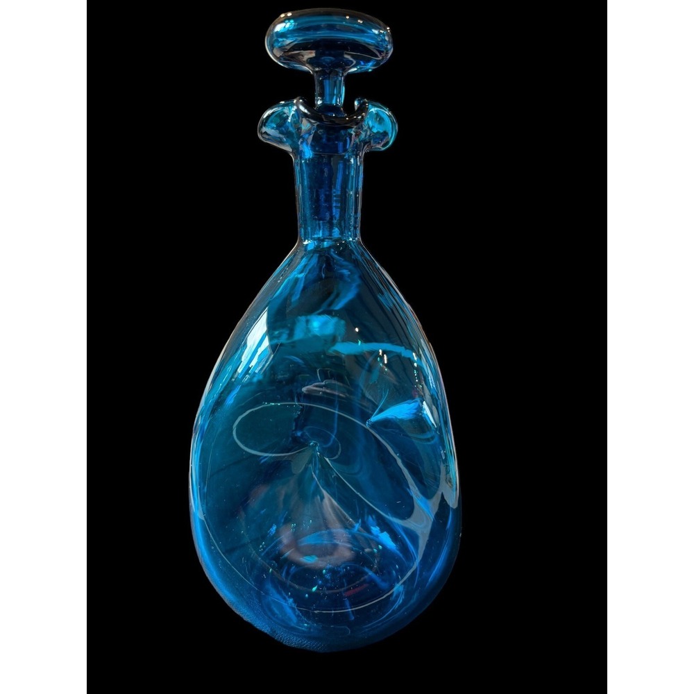 Vintage Pinched Hand Blown Dencanter By Blenko. Ocean Blue. 10"T **RARE**